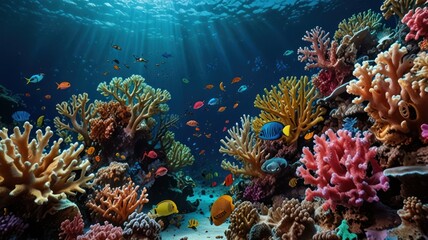 A vibrant coral reef teeming with colorful fish in a sunlit ocean.