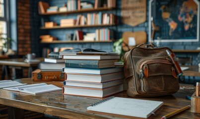 Fototapeta premium A stack of books, a backpack, and a notebook on a wooden table. AI.