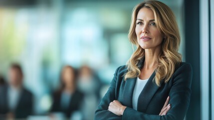 Naklejka premium A confident businesswoman with crossed arms standing in a modern office environment, looking ahead with focus and determination, embodying leadership and success.