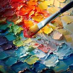Fototapeta premium A paintbrush resting on a palette with colorful oil paints. AI.