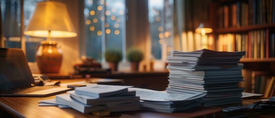 A desk with a laptop, stacks of papers, and a lamp. AI.