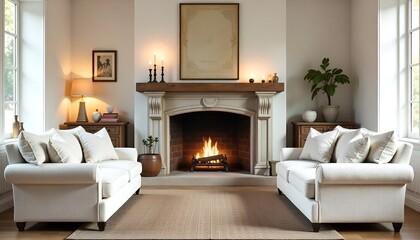 Beige sofa with plaid and fur cushion against of fireplace. Hygge, scandinavian interior design of modern living room.