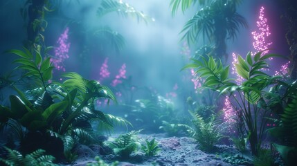 Lush greenery and glowing blossoms in a magical forest. AI.