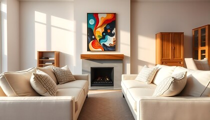 Beige sofa with plaid and fur cushion against of fireplace. Hygge, scandinavian interior design of modern living room.