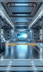 Obraz premium A futuristic hallway with a large window overlooking space. AI.