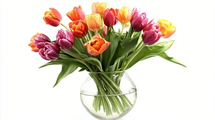 Vibrant bouquet of colorful tulips in a clear glass vase, featuring a mix of red, orange, yellow, and purple blooms against a white background.
