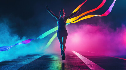 triumphant runner crosses finish line, celebrating victory with colorful ribbons flowing behind. vibrant atmosphere is filled with energy and excitement.