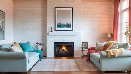 Beige sofa with plaid and fur cushion against of fireplace. Hygge, scandinavian interior design of modern living room.