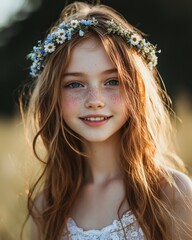Fototapeta premium Young Girl with Flower Crown in Natural Light