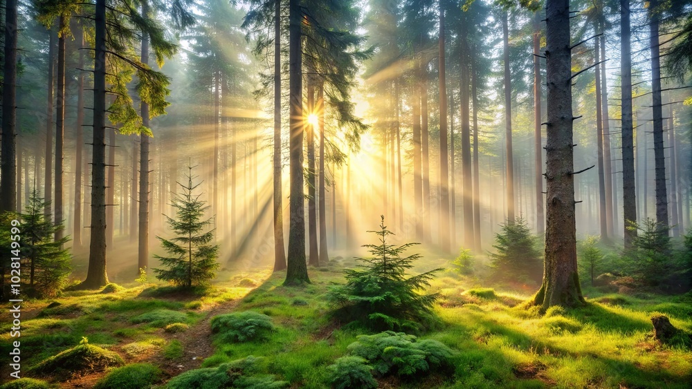 Sticker Golden Light Illuminates a Verdant Forest, Sunbeams Piercing Through the Mist, Trees Standing Tall and Proud, Creating a Tranquil and Serene Atmosphere