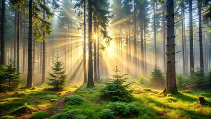Fototapeta premium Golden Light Illuminates a Verdant Forest, Sunbeams Piercing Through the Mist, Trees Standing Tall and Proud, Creating a Tranquil and Serene Atmosphere