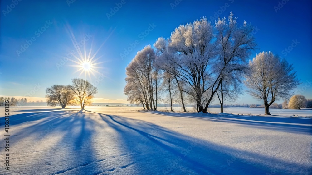 Canvas Prints Silhouettes of Frost-Covered Trees Cast Long Shadows on a Pristine Snow-Covered Field, Under a Bright, Sun-Filled Blue Sky