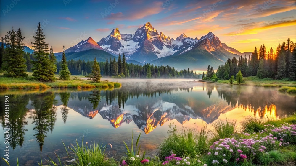 Poster A Serene Reflection of Golden Light Upon Tranquil Waters, Surrounded by Lush Greenery and Majestic Mountain Peaks