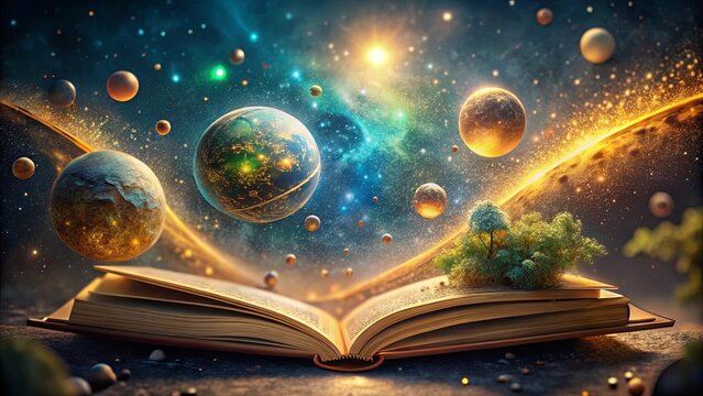A Glimmering Galaxy Emerges from the Pages of an Open Book, Illuminating the Cosmos with a Cosmic Glow