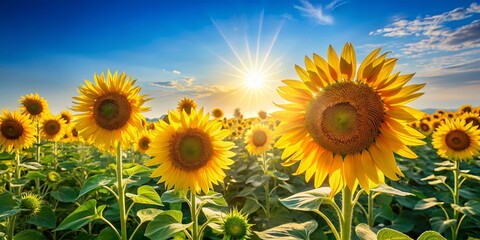 Fototapeta premium A field of sunflowers basking in the warm glow of the setting sun, their petals catching the light and casting a golden radiance across the landscape.