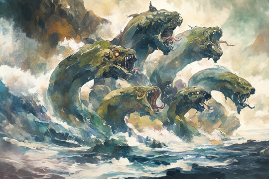 Yamata no Orochi Towering Menacingly in a Raging River with Eight Heads Raised High &ndash; Captured in Watercolor Style, Showcasing the Power and Fear of Nature