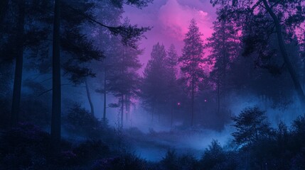 Obraz premium Mystical Twilight Glow in Dark Pine Forest with Neon Pink and Blue Adobe Color Themes