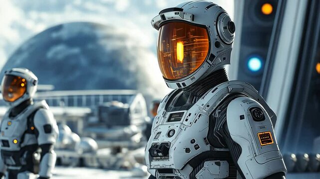 people in white futuristic space suit, space army  in otherworldly 