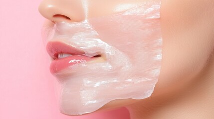 Fototapeta premium Revealing Glowing Skin: Collagen Sheet Mask Peeling Off, Skin Care Treatment for Collagen Boost with Clean Lighting