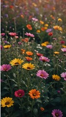 Fototapeta premium Field of Daisies in a Meadow, Purple, Orange and Yellow Flowers, Vertical Image
