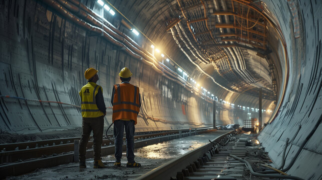 Two construction workers inspecting an underground tunnel in a large infrastructure project