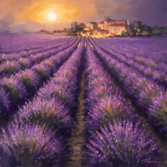 Obraz premium Original oil painting of lavender fields on canvas.Sunset landscape.Modern Impressionism