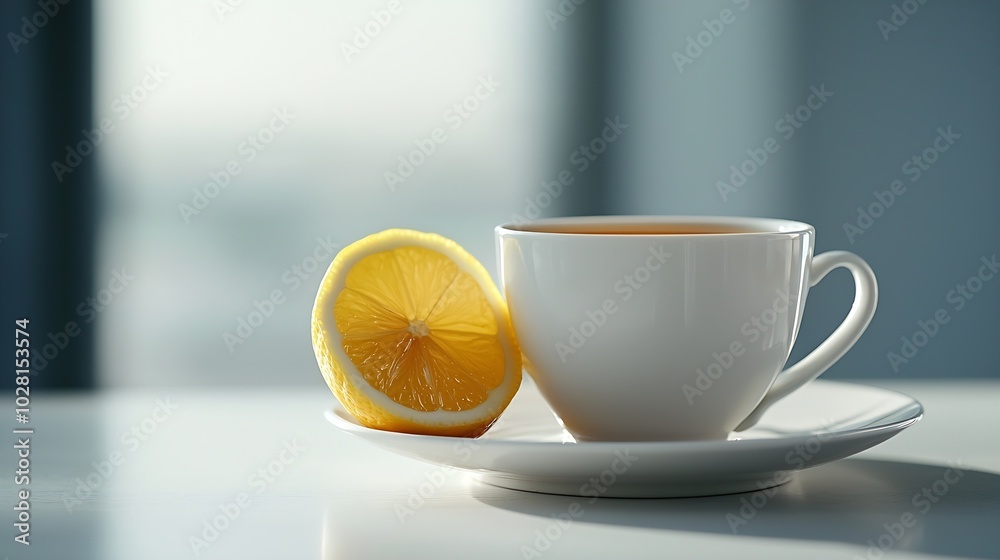Poster tea cup and pot with lemon grey background close up top view : generative ai
