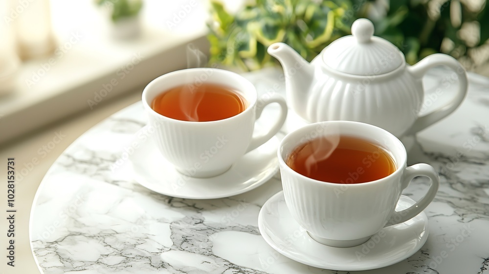 Poster tea in mugs with teapot on marble background copy space : generative ai