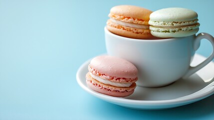 Obraz premium Macaroons dessert and cup of tea on blue background Top view Close up : Generative AI