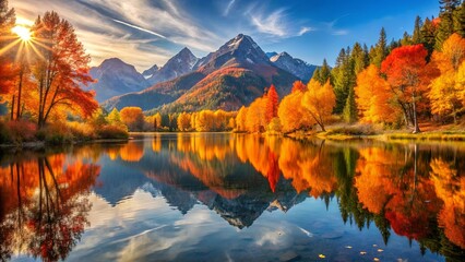 Obraz premium A serene reflection of a mountain lake in the heart of a vibrant autumn forest, showcasing a canopy of golds, oranges, and reds, illuminated by the warm glow of a rising sun.
