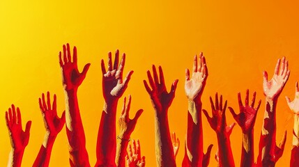Fototapeta premium Vibrant Hands Raised Against Bold Background