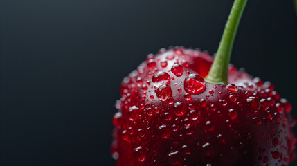 Close-up macro photography of a cherry covered in water droplets