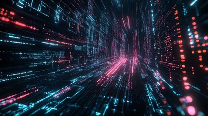 Obraz premium Futuristic digital tunnel with neon lights