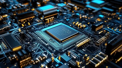 Fototapeta premium A close-up view of a modern processor, showcasing its intricate circuit design and fine details. The processor is displayed in high-definition, emphasizing its metallic surface, tiny pins, and sleek 
