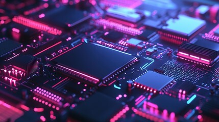 Obraz premium A close-up view of a modern processor, showcasing its intricate circuit design and fine details. The processor is displayed in high-definition, emphasizing its metallic surface, tiny pins, and sleek 