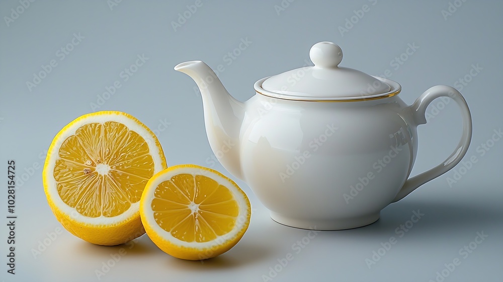 Poster tea cup and pot with lemon grey background top view : generative ai