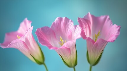 Naklejka premium Pink flowers Texas bluebell eustoma on blue background Copy space : Generative AI