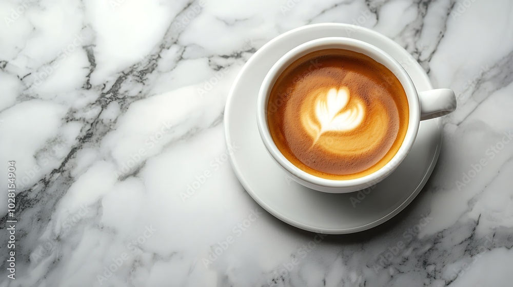 Poster Coffee espresso in white cup of marble table background Close up Top view : Generative AI