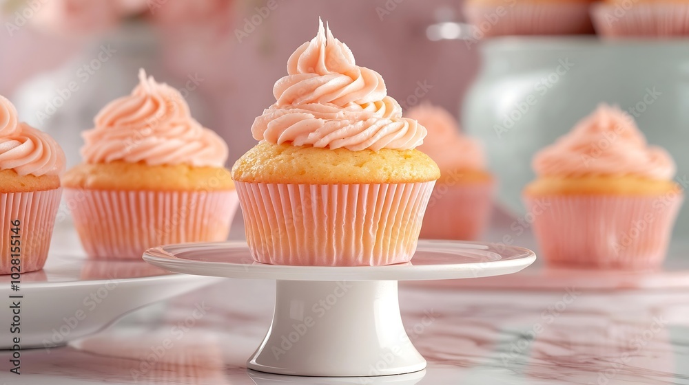 Poster peach cupcakes muffins with cup of tea marble background copy space top view : generative ai