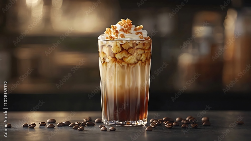 Poster ice coffee in a tall glass with cream poured over and coffee beans on a grey stone background : gene