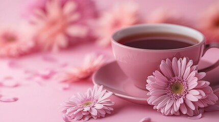 Cup of tea with fresh flowers on pink background Copy space : Generative AI