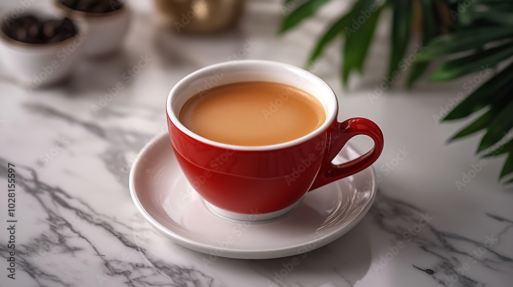 Aufkleber coffee with indonesian flag on marble table close up top view : generative ai