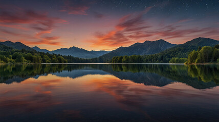Serene Twilight Reflection on a Lake with Hills