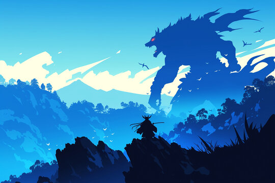 Monster Silhouetted Against a Majestic Mountain Backdrop &ndash; Highlighting the Legendary Creature's Imposing Presence, Perfect for Fantasy and Adventure Themes