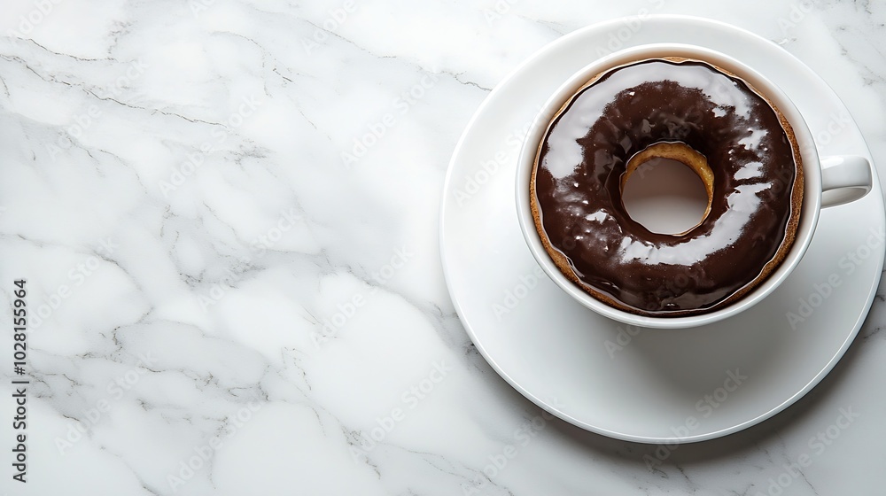Poster coffee in a white cup with chcolate donut on marble board top view copy space : generative ai