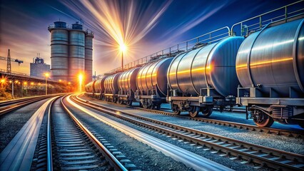 Obraz premium Long Exposure Tank Wagon Train Icon for Cargo Transportation by Rail, Symbolizing Efficient Freight Movement and Industrial Logistics in Modern Supply Chain Networks