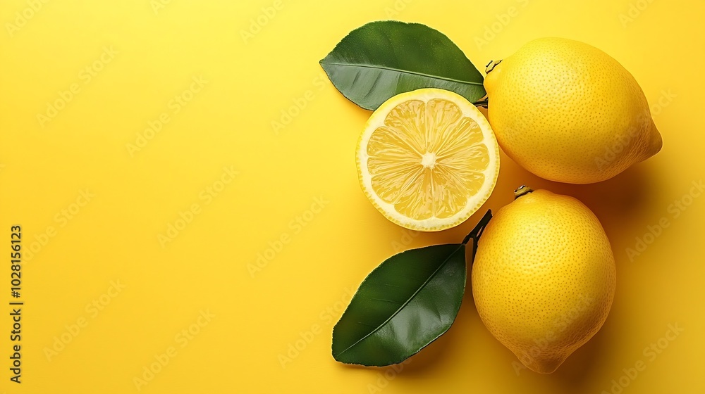 Poster Fresh lemons on yellow background Copy space Top view : Generative AI