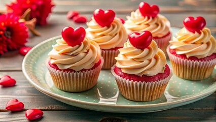 Love Cupcakes with Red Hearts and Buttercream - Sweet Treats for Special Moments, Perfect for Valentine's Day Celebrations and Romantic Occasions, Delightful Bakery Photography