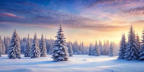 Fototapeta premium A frosted pine forest bathed in the soft light of a winter sunrise, its branches laden with snow, creating a peaceful and serene landscape.