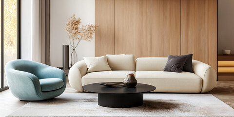 modern living interior wit sofa and pampas grass in vase	